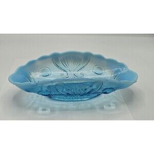 Beautiful Vintage Jefferson Glass Jewel & Fan Blue Opalescent 8.75" Pickle Dish
